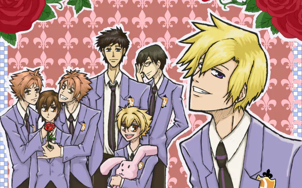HD desktop wallpaper featuring characters from Ouran High School Host Club with a floral background.