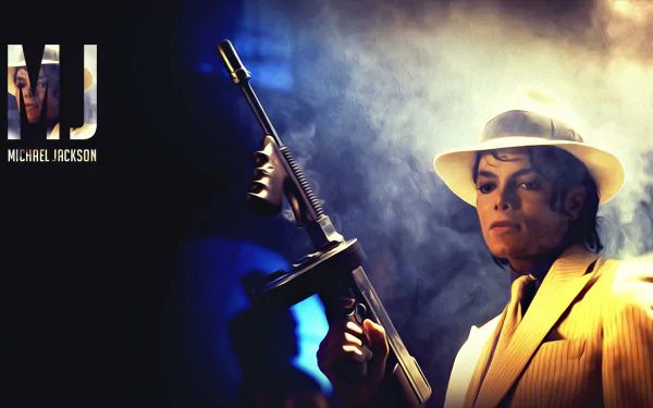 A striking HD wallpaper featuring Michael Jackson in a stylish outfit, holding a gun, surrounded by dramatic lighting and smoke, celebrating the music legend's iconic presence.