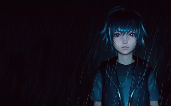 A striking HD wallpaper from Final Fantasy XV features a character standing in the rain, illuminated by soft blue light against a dark background.