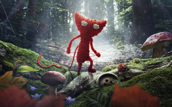 HD PC desktop wallpaper featuring Yarny, the red yarn character from the video game Unravel, standing in a detailed, mossy forest environment.