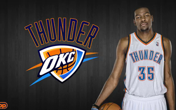 HD wallpaper of a basketball player in a white OKC Thunder jersey with the number 35, holding a ball against a dark backdrop with the team's logo.