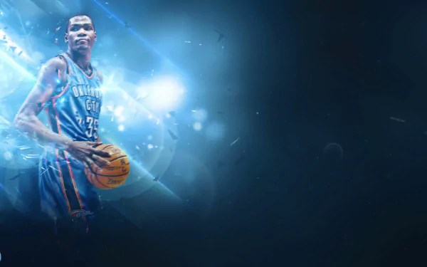 HD desktop wallpaper of a basketball player in action with a dynamic blue background.
