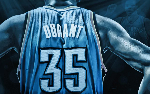 HD wallpaper featuring the back of a basketball jersey with the name DURANT and the number 35 in a blue-tinted spotlight.