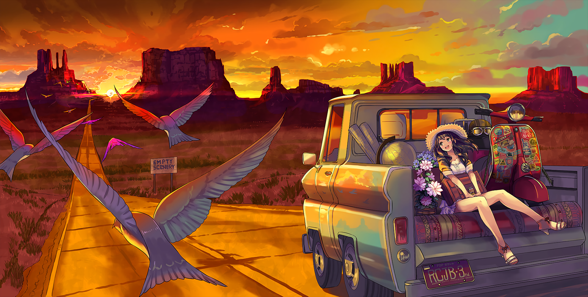 Anime HD desktop wallpaper depicting a sunset sky with clouds, birds flying, and a girl relaxing with flowers near a vintage vehicle in a desert landscape.