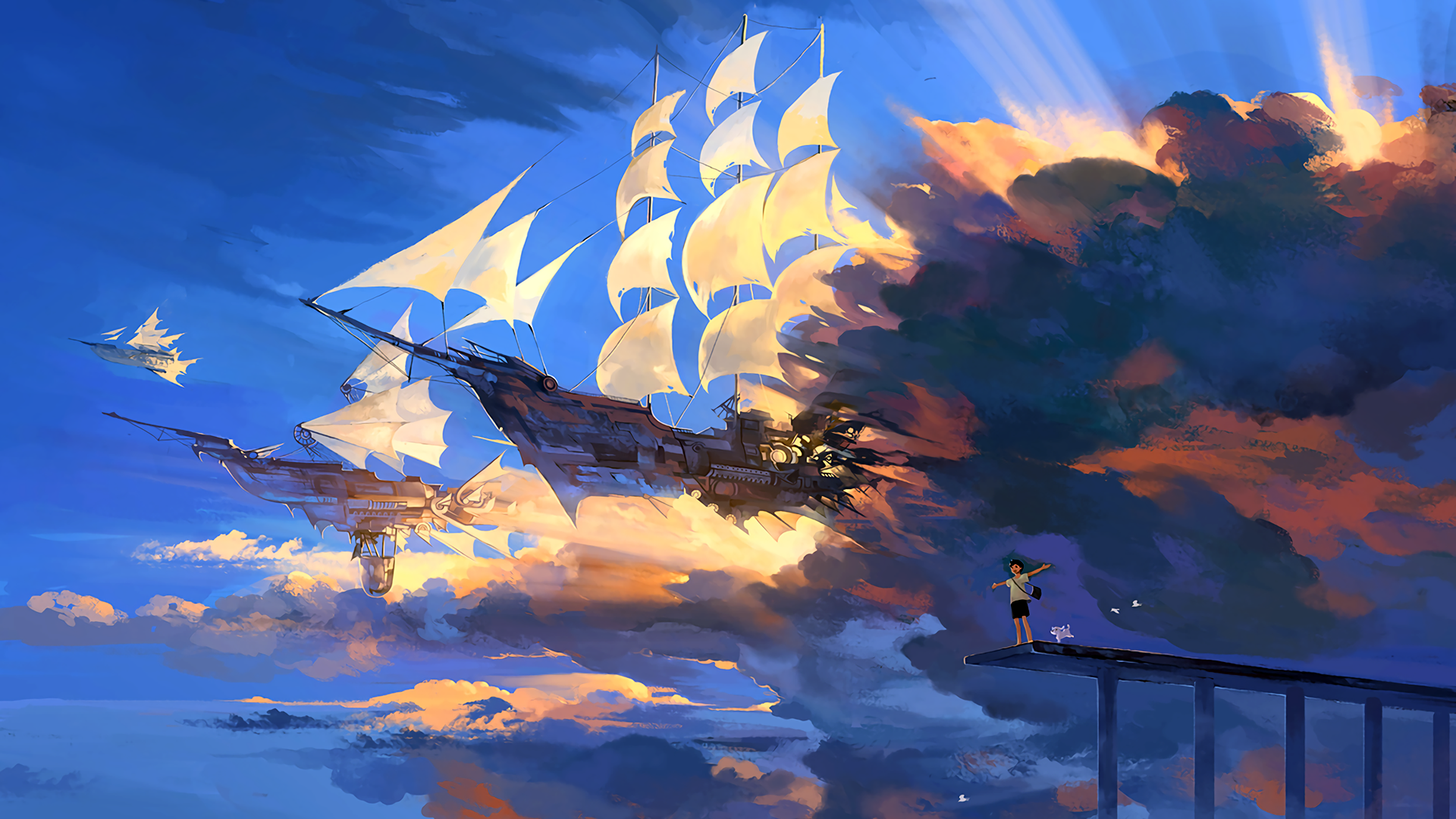 HD wallpaper depicting a fantasy scene of ships sailing through colorful clouds, with a person standing on a platform gazing at the majestic view.