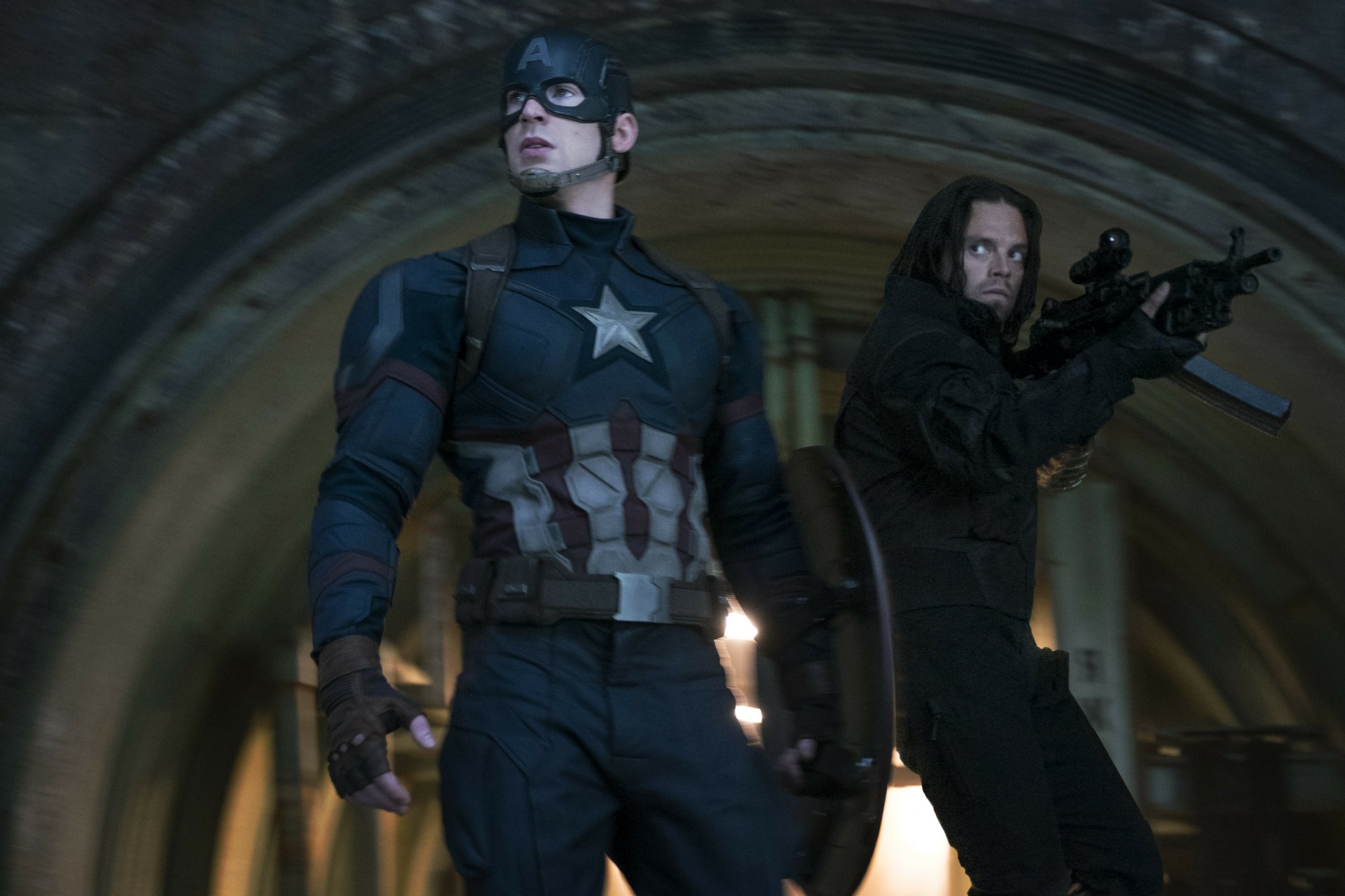 The image features Captain America and the Winter Soldier, played by Sebastian Stan, in a dramatic scene from Captain America: Civil War, set against a moody backdrop.