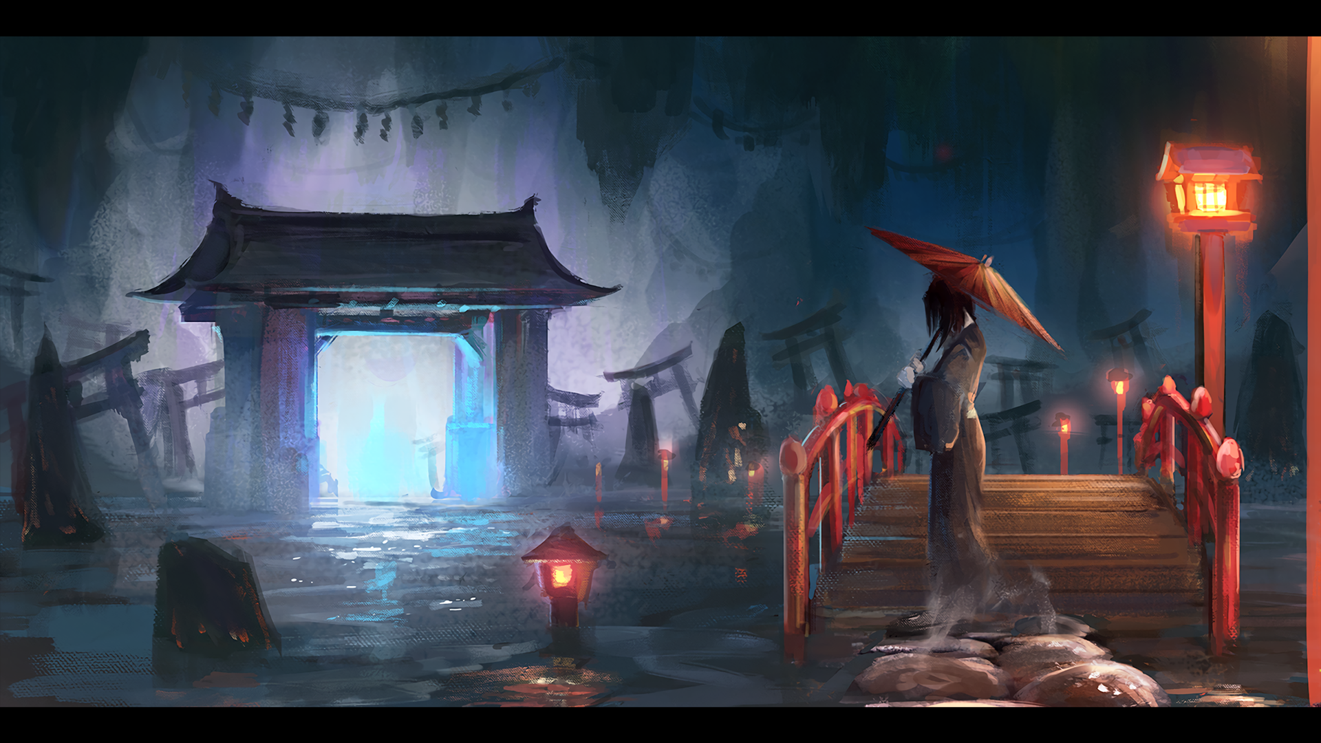 A serene anime-inspired scene features a figure with an umbrella standing on a bridge, gazing at a glowing gateway surrounded by lanterns and a misty landscape. Original HD wallpaper background.
