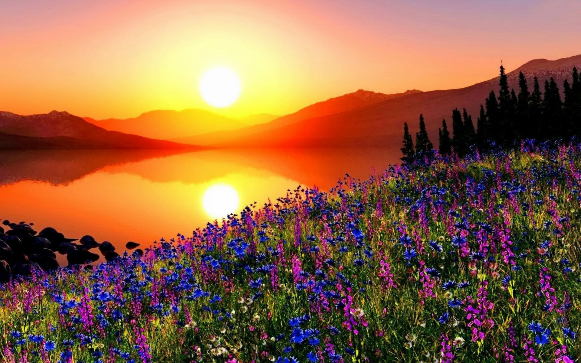 Download Lake Flower Mountain Orange (Color) Yellow Sun Sky Nature Sunset  HD Wallpaper