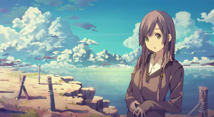 An anime character with brown hair, dressed in a school uniform, stands on a cliff overlooking a vibrant ocean under a bright sky. A captivating HD desktop wallpaper.