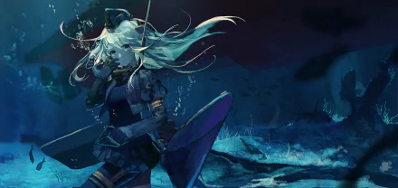 A stunning HD anime wallpaper featuring U-511 from Kantai Collection, with long white hair, thigh highs, and a hat, depicted underwater.
