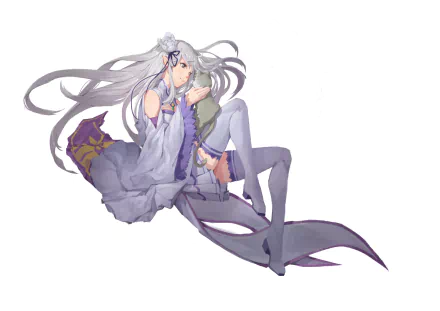 HD wallpaper featuring Emilia from Re:Zero - Starting Life in Another World. She has white hair, grey eyes, pointed ears, and a ribbon. She is wearing a dress and thigh-highs while holding a cat and smiling.