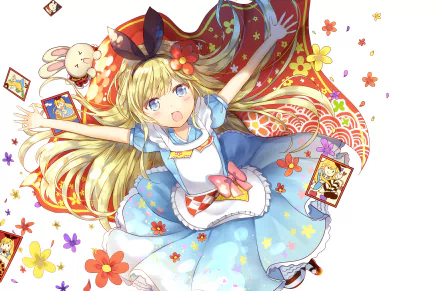 Anime-style depiction of Alice from Alice in Wonderland, featuring her long blonde hair, aqua eyes, and a blue dress, surrounded by whimsical elements and colorful flowers.