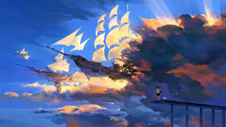 HD wallpaper depicting a fantasy scene of ships sailing through colorful clouds, with a person standing on a platform gazing at the majestic view.