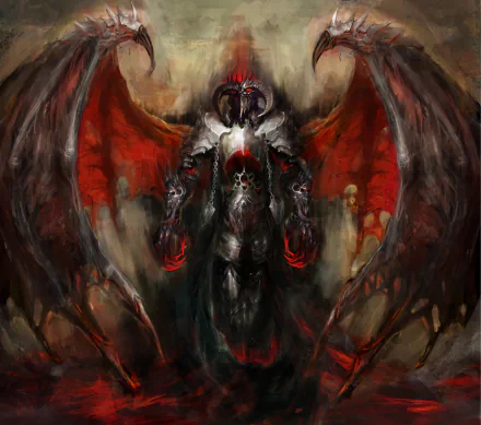 A dark angel with red wings, armored body, and prominent horns stands in a fiery, ominous setting, embodying a powerful demon figure in this HD PC desktop wallpaper.