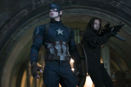 The image features Captain America and the Winter Soldier, played by Sebastian Stan, in a dramatic scene from Captain America: Civil War, set against a moody backdrop.