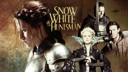 HD desktop wallpaper featuring Chris Hemsworth, Charlize Theron, Sam Claflin, and Kristen Stewart from the movie Snow White and the Huntsman.
