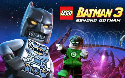 HD PC desktop wallpaper featuring LEGO Batman and Green Lantern from the video game LEGO Batman 3: Beyond Gotham in a vibrant superhero-themed scene.