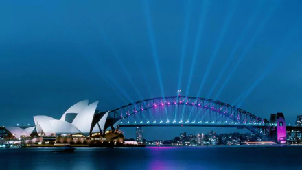 Night view of Sydney Harbour Bridge and Sydney Opera House illuminated against the city skyline in Australia, captured as an HD PC desktop wallpaper.
