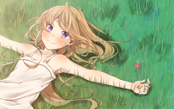 Anime Original Long Hair Blonde Grass Purple Eyes Blush Smile Flower HD Wallpaper | Background Image