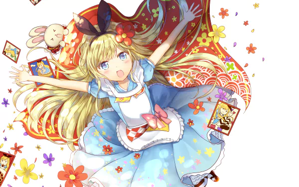 Anime-style depiction of Alice from Alice in Wonderland, featuring her long blonde hair, aqua eyes, and a blue dress, surrounded by whimsical elements and colorful flowers.