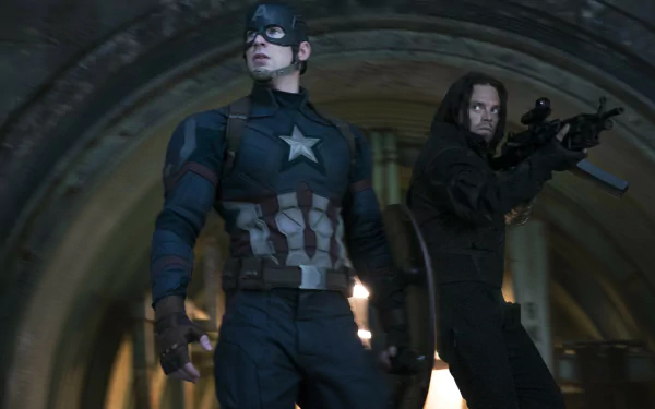 The image features Captain America and the Winter Soldier, played by Sebastian Stan, in a dramatic scene from Captain America: Civil War, set against a moody backdrop.