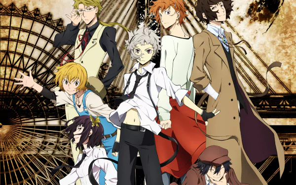 HD desktop wallpaper featuring characters Ranpo Edogawa, Doppo Kunikida, Junichirou Tanizaki, Akiko Yosano, Kenji Miyazawa, Atsushi Nakajima, and Osamu Dazai from the anime Bungou Stray Dogs.