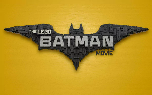 HD desktop wallpaper of The Lego Batman Movie features the title displayed in LEGO bricks forming the iconic Batman symbol against a yellow background.