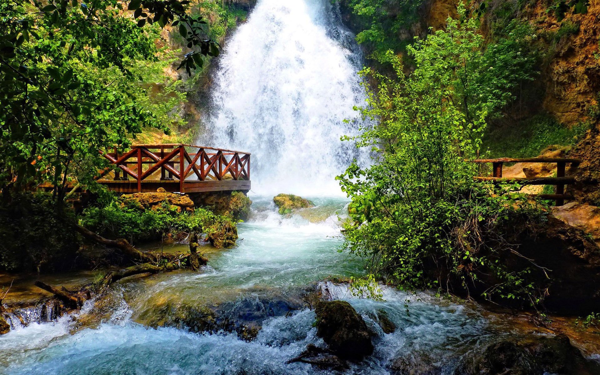 Download Fence Forest Nature Waterfall HD Wallpaper
