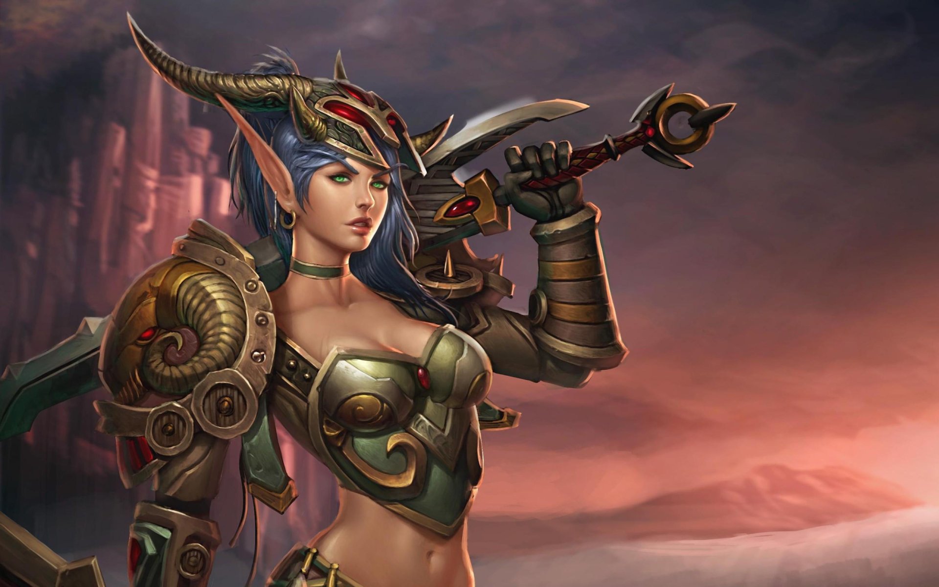 A fierce woman warrior in ornate armor wields a sword, set against a stunning fantasy backdrop. This HD wallpaper captures the essence of World of Warcraft gaming.