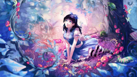 Anime-style Alice in Wonderland scene with vibrant colors and intricate details, designed as an HD PC desktop wallpaper and background.