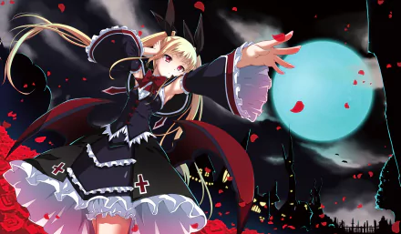 An HD wallpaper featuring Rachel Alucard from the anime BlazBlue, set against a dark, rose-strewn backdrop with a striking blue moon.