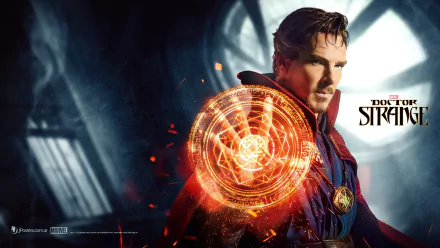 Benedict Cumberbatch stars as Doctor Strange, featuring vibrant magic effects in this high-definition desktop wallpaper, highlighting the film's mystical themes and dramatic visuals.