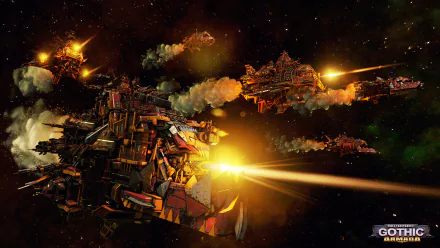 HD wallpaper from Battlefleet Gothic: Armada featuring a Warhammer 40k spaceship engaged in a cosmic battle.