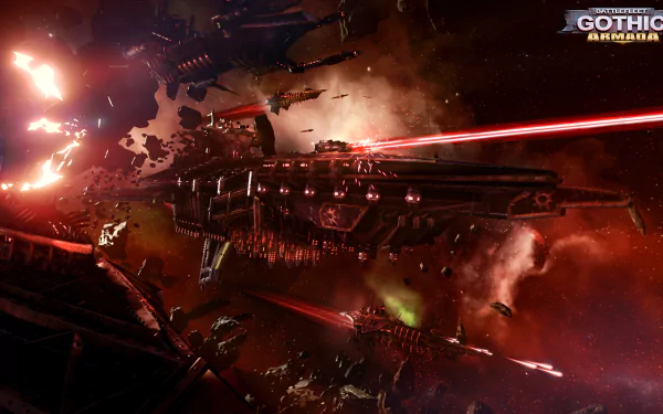HD desktop wallpaper featuring a dramatic space battle scene from Battlefleet Gothic: Armada with ships engaged in combat.