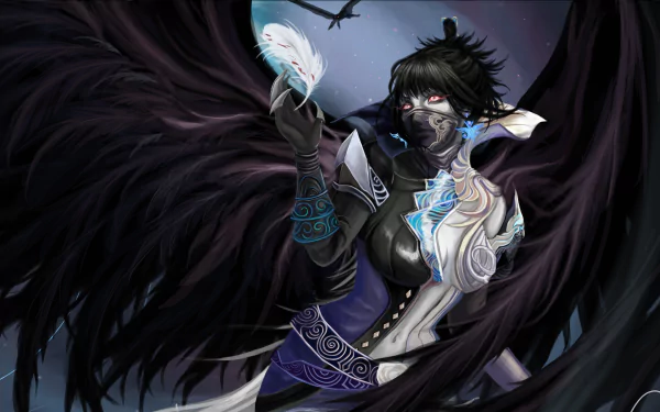 A dark angel with large gothic black wings holds a glowing feather, set against a moody fantasy backdrop in stunning 4K Ultra HD detail.