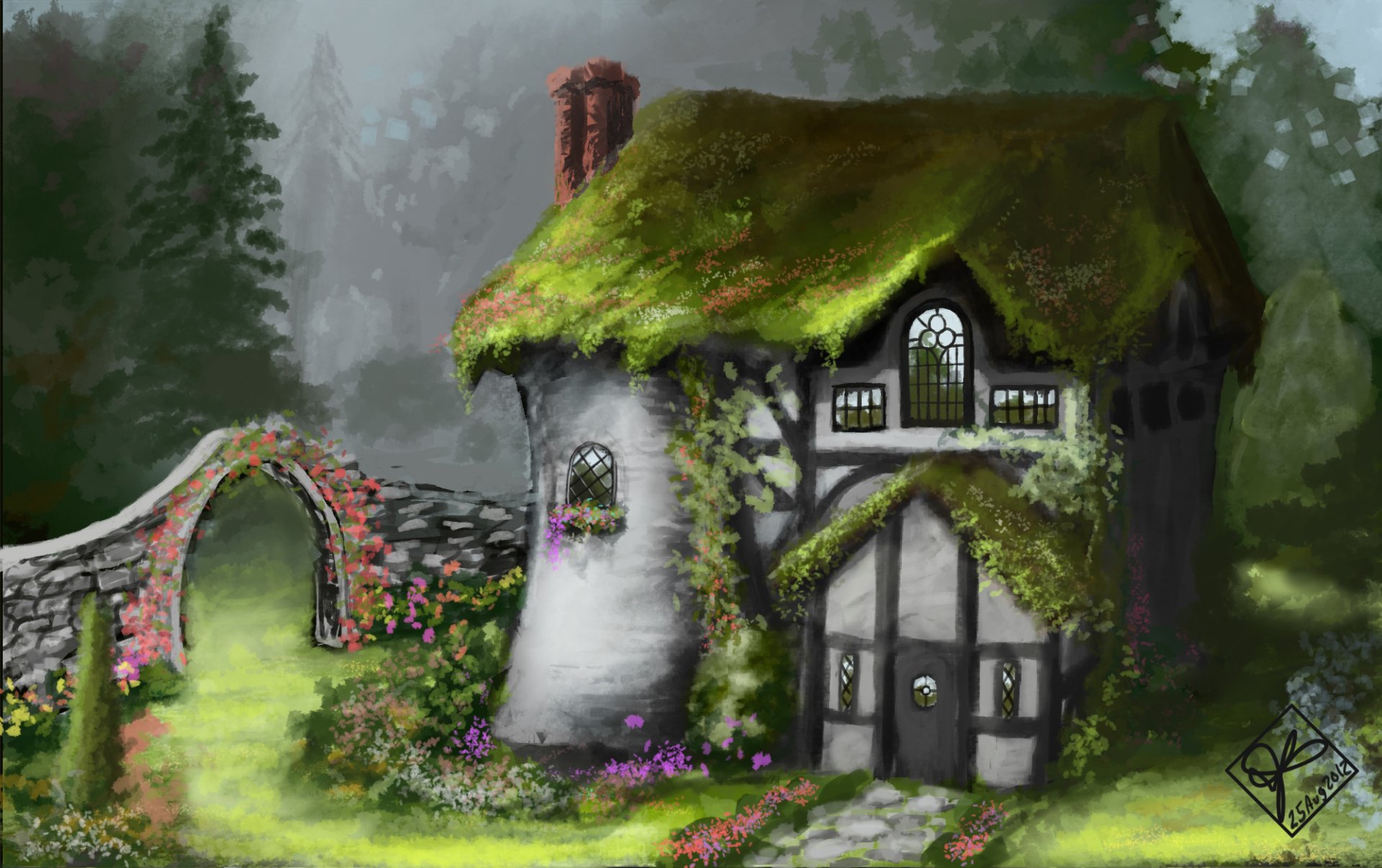 HD artistic painting of a charming house with a moss-covered roof, surrounded by a lush garden and stone archway, set against a misty forest background.