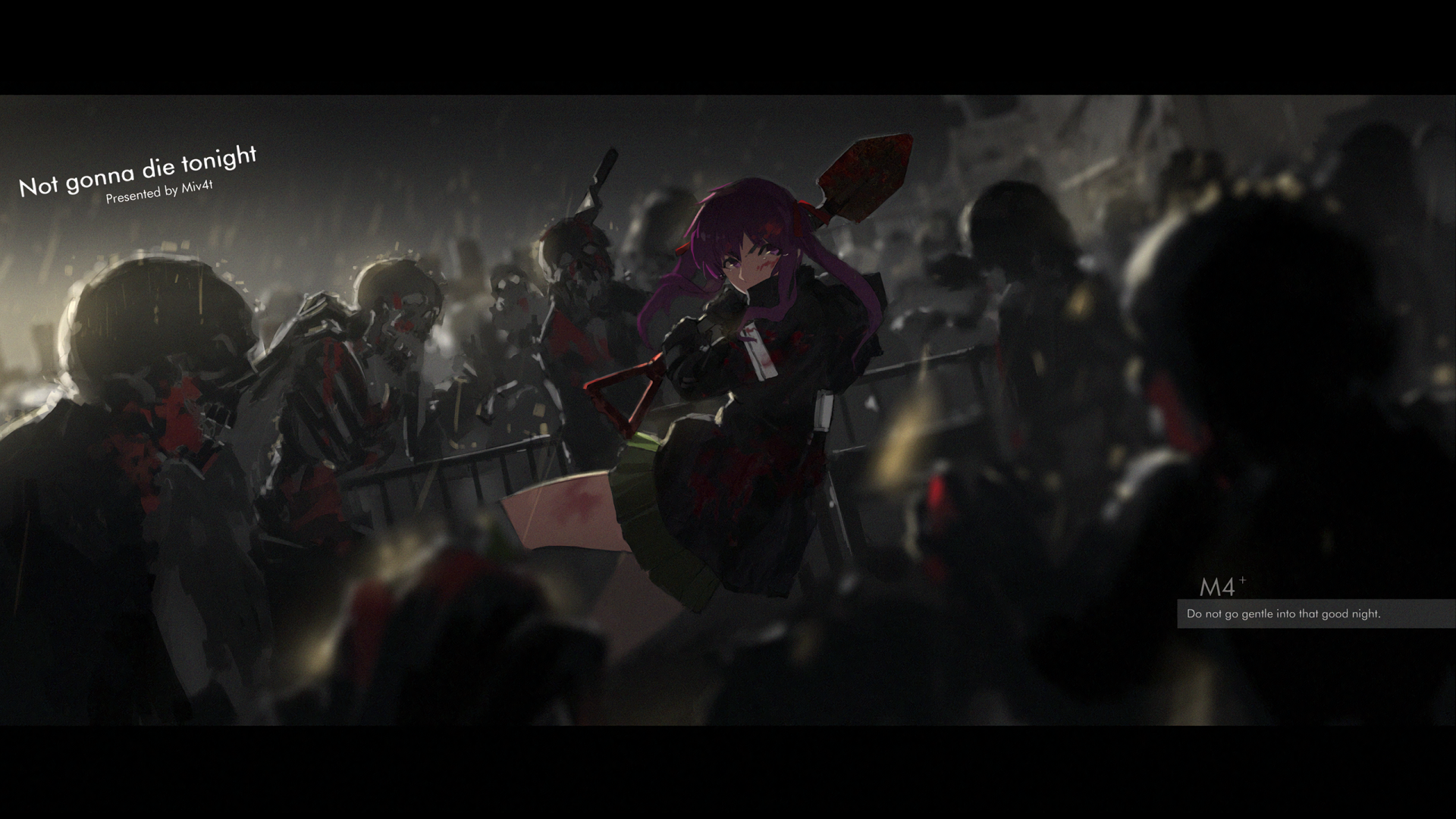 HD wallpaper featuring Kurumi Ebisuzawa from Gakkou Gurashi! (School-Live!) in a dramatic scene surrounded by figures, capturing the essence of the anime's intense atmosphere.