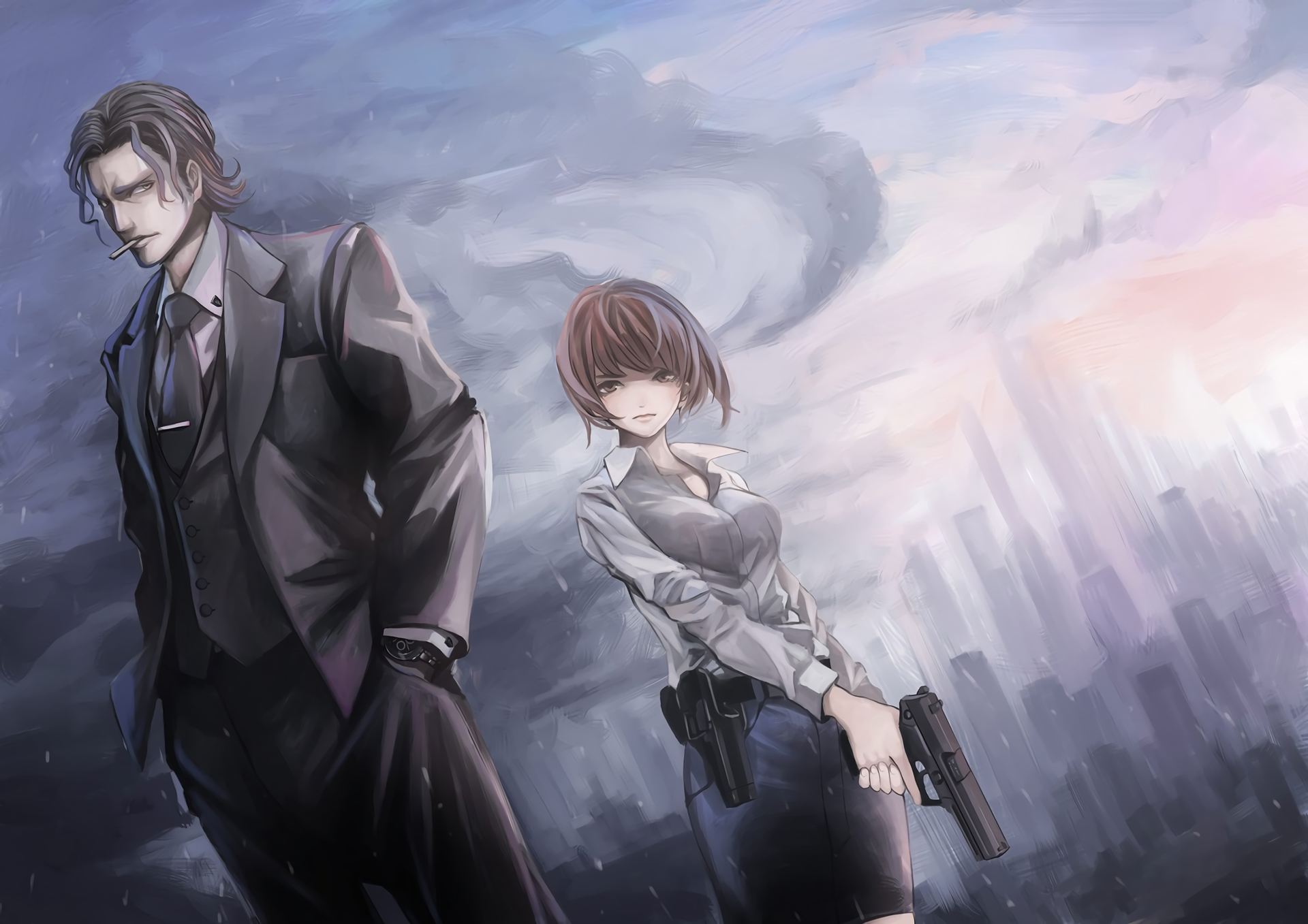 Sakuya Tougane and Akane Tsunemori stand in a dramatic, moody cityscape from the anime Psycho-Pass, creating a striking HD desktop wallpaper.