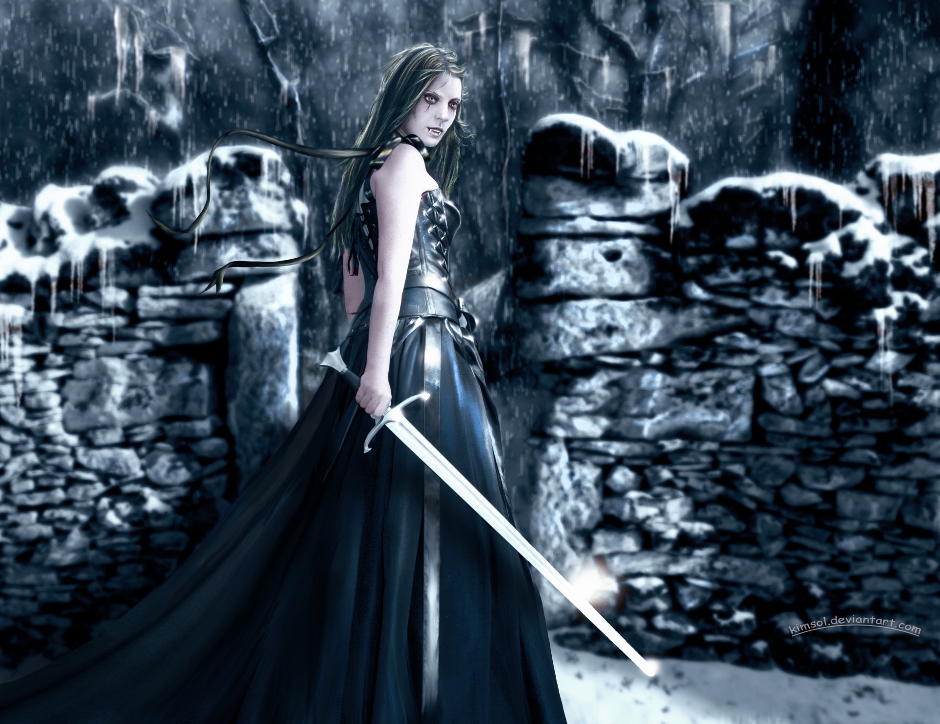4K Ultra HD PC desktop wallpaper and background: pale woman warrior vampire in a dark gown grips a glowing sword before icy stone ruins.