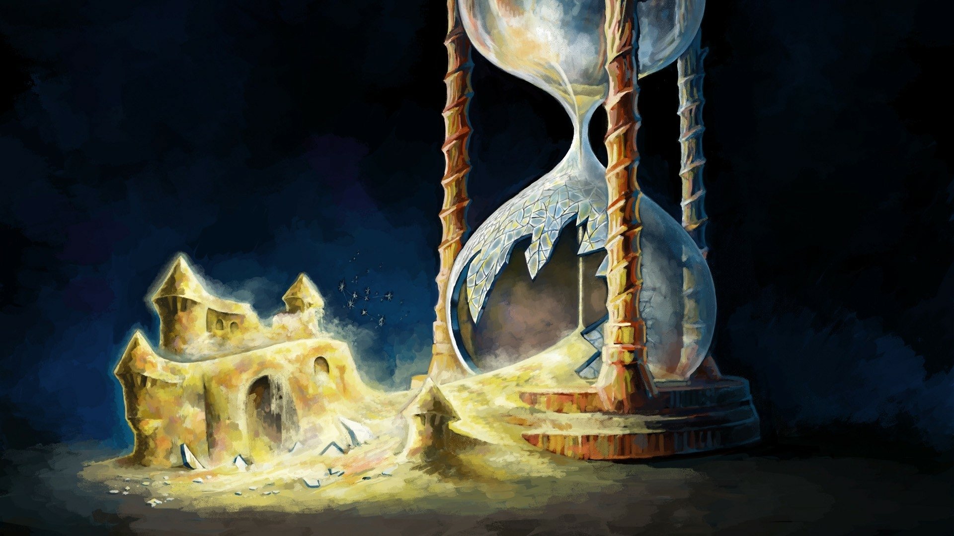 A fantasy HD desktop wallpaper featuring an artistic hourglass spilling golden sand that forms a glowing castle against a dark background.