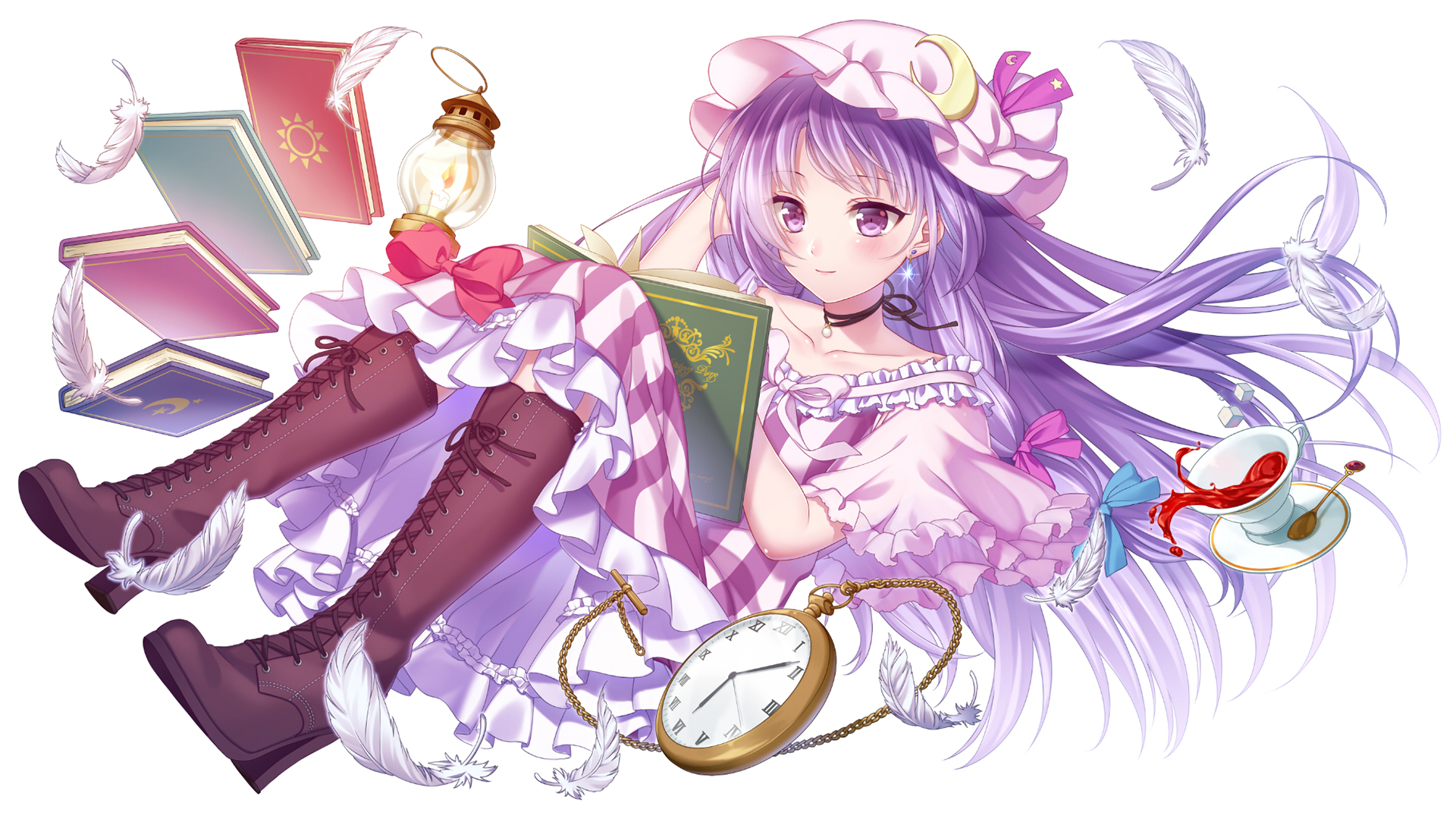 A whimsical HD wallpaper featuring Patchouli Knowledge from the anime Touhou, surrounded by books, feathers, and a clock, embodying a magical literary theme.