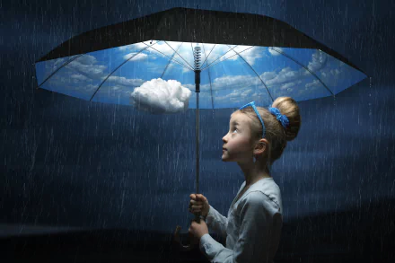 A blonde little girl in a fantasy setting holds an umbrella with a sky and cloud design, standing in the rain against a dark sky. HD desktop wallpaper and background.