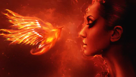 A fiery phoenix emerges from flames, facing a woman's intense profile in this vivid fantasy HD PC desktop wallpaper.