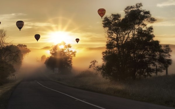 Photography Sunrise Hot Air Balloon Road Landscape Tree Sun Sunbeam Fog Vehicle HD Wallpaper | Background Image