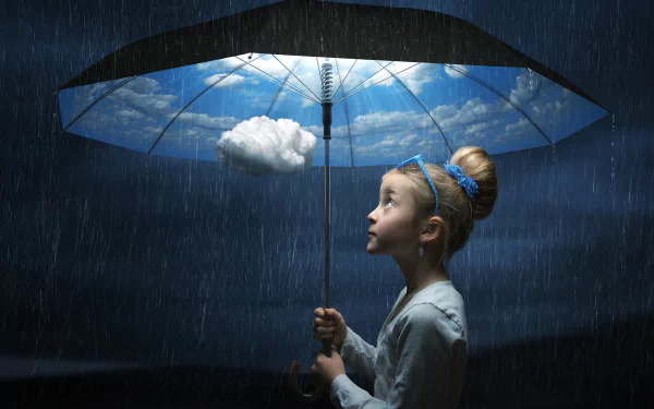 A blonde little girl in a fantasy setting holds an umbrella with a sky and cloud design, standing in the rain against a dark sky. HD desktop wallpaper and background.