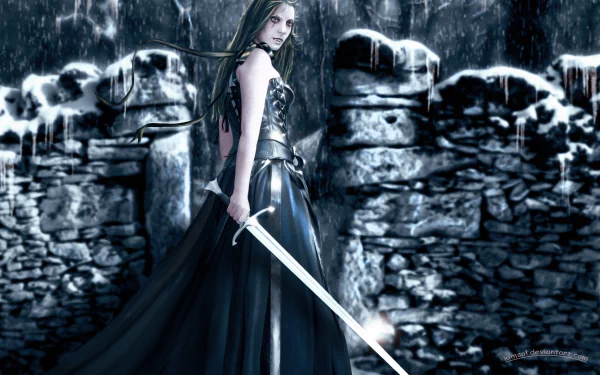 4K Ultra HD PC desktop wallpaper and background: pale woman warrior vampire in a dark gown grips a glowing sword before icy stone ruins.