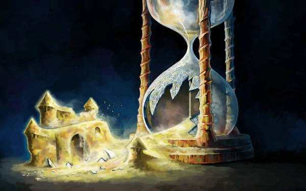 A fantasy HD desktop wallpaper featuring an artistic hourglass spilling golden sand that forms a glowing castle against a dark background.