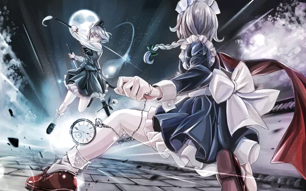 HD PC desktop wallpaper featuring Myon, Youmu Konpaku, and Sakuya Izayoi from the Touhou anime series in dynamic action poses.