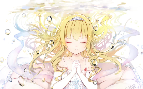A serene digital wallpaper featuring Latifa Fleuranza from Amagi Brilliant Park, depicted underwater with flowing blonde hair and a peaceful expression amidst floating bubbles.