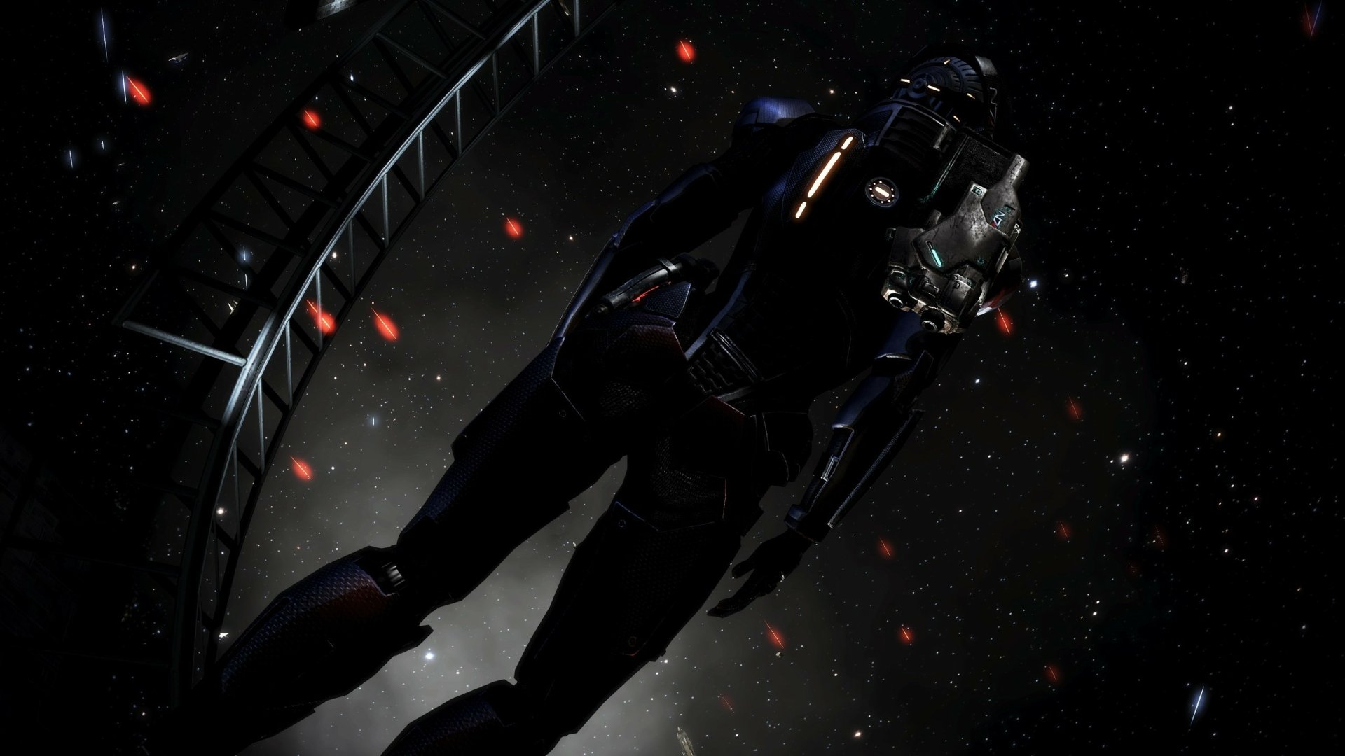HD PC desktop wallpaper of a space-suited character from the Mass Effect video game, set against a dark, star-filled space background with glowing red embers.